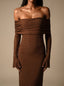 Women's Off-Shoulder Sequin Maxi Dress with Glove Cuff Long Sleeves