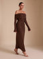 Women's Off-Shoulder Sequin Maxi Dress with Glove Cuff Long Sleeves, brown