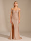 Women's Off Shoulder Sequin Mermaid Gown with Ruching and Thigh Slit