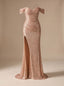 Women's Off Shoulder Sequin Mermaid Gown with Ruching and Thigh Slit, champagne