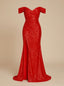 Women's Off Shoulder Sequin Mermaid Gown with Ruching and Thigh Slit, red