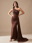 Women's One-Shoulder Mermaid Gown with Crystal Corset and Ruched Skirt, dark brown