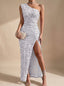 Women's One-Shoulder Sequin Bodycon Maxi Dress with Ruched Waist and Thigh Slit, silver