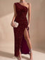 Women's One-Shoulder Sequin Bodycon Maxi Dress with Ruched Waist and Thigh Slit, red