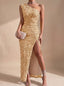 Women's One-Shoulder Sequin Bodycon Maxi Dress with Ruched Waist and Thigh Slit, gold