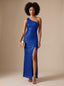Women's One-Shoulder Sequin Bodycon Maxi Dress with Ruched Waist and Thigh Slit, royal blue