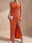 Women's One-Shoulder Sequin Bodycon Maxi Dress with Ruched Waist and Thigh Slit, orange
