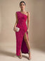 Women's One-Shoulder Sequin Bodycon Maxi Dress with Ruched Waist and Thigh Slit, pink