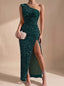 Women's One-Shoulder Sequin Bodycon Maxi Dress with Ruched Waist and Thigh Slit, green