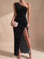 Women's One-Shoulder Sequin Bodycon Maxi Dress with Ruched Waist and Thigh Slit, black