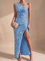 Women's One-Shoulder Sequin Bodycon Maxi Dress with Ruched Waist and Thigh Slit, light blue