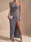 Women's One-Shoulder Sequin Bodycon Maxi Dress with Ruched Waist and Thigh Slit, gray
