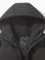 Black oversized puffer jacket shown from the side