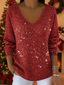 Women's Oversized Sequin Knit V-Neck Christmas Sweater in red