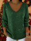 Women's Oversized Sequin Knit V-Neck Christmas Sweater in green