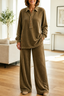 Women's Oversized Velvet Two-Piece Lounge Set with Top and Pants in khaki