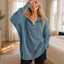 Women's Oversized Waffle Knit Henley Hoodie with Button Collar in blue