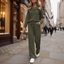 Women's Pleated Round Neck Wide-Leg Two-Piece Lounge Set in dark green