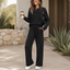 Women's Pleated Round Neck Wide-Leg Two-Piece Lounge Set in black