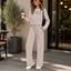 Women's Pleated Round Neck Wide-Leg Two-Piece Lounge Set in beige