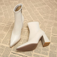 Women's pointed toe chunky heel ankle boots in beige