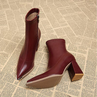 Women's pointed toe chunky heel ankle boots in burgundy