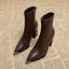Dark brown pointed toe ankle boots shown as a pair
