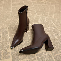 Women's pointed toe chunky heel ankle boots in dark brown