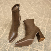 Women's pointed toe chunky heel ankle boots in khaki