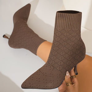 Women's pointed toe sock style ankle boots in dark brown