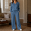 Women's Polo Collar Wide-Leg Lounge Set with High-Waisted Pants in blue