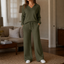 Women's Polo Collar Wide-Leg Lounge Set with High-Waisted Pants in green