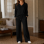 Women's Polo Collar Wide-Leg Lounge Set with High-Waisted Pants in black