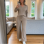 Women's Polo Collar Wide-Leg Lounge Set with High-Waisted Pants in gray