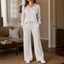 Women's Polo Collar Wide-Leg Lounge Set with High-Waisted Pants in light gray
