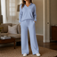 Women's Polo Collar Wide-Leg Lounge Set with High-Waisted Pants in light blue