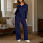 Women's Polo Collar Wide-Leg Lounge Set with High-Waisted Pants in navy blue