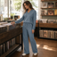 Women's Polo Collar Wide-Leg Lounge Set with High-Waisted Pants