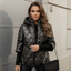 Women's quilted hooded puffer jacket with faux fur trim in black