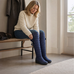 Blue quilted tall winter boots styled with a cream knit