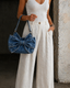 Women's Retro Bow Shoulder Bag with Roomy Main Compartment in light blue