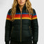 Women's retro rainbow stripe puffer jacket in black