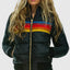Black rainbow stripe puffer jacket shown from the front