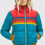 Women's retro rainbow stripe puffer jacket in bright blue