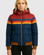 Women's retro rainbow stripe puffer jacket in navy blue, front view