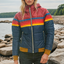Women's retro stripe puffer jacket in navy blue, front view
