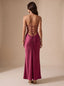 Women's Rhinestone Halter Satin Maxi Dress with Lace-Up Back
