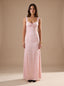Women's Rhinestone Halter Satin Maxi Dress with Lace-Up Back, light pink rose