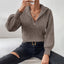 Women's Ribbed Half Zip Sweater with Stand Collar in dark brown, worn with jeans