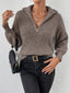 Women's Ribbed Half Zip Sweater with Stand Collar in dark brown